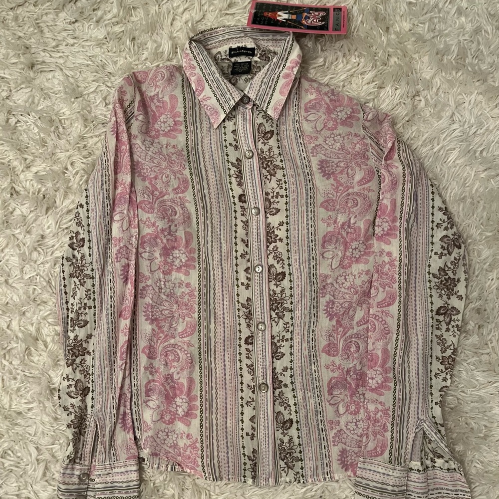 Woman’s Med FANG Pink & Brown Casual Button Down Shirt w Vintage Floral Design